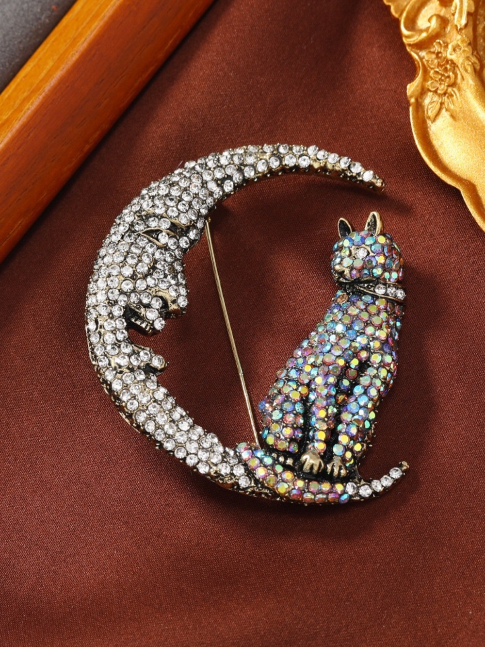 Crystal Cat on Crescent Moon Brooch Pin – Rhinestone Moon & Aurora Cat Jewelry